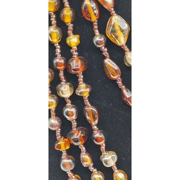 Multi Strand Amber Glass Beaded Necklace Vintage Bohemian Style Layered - Picture 3 of 5